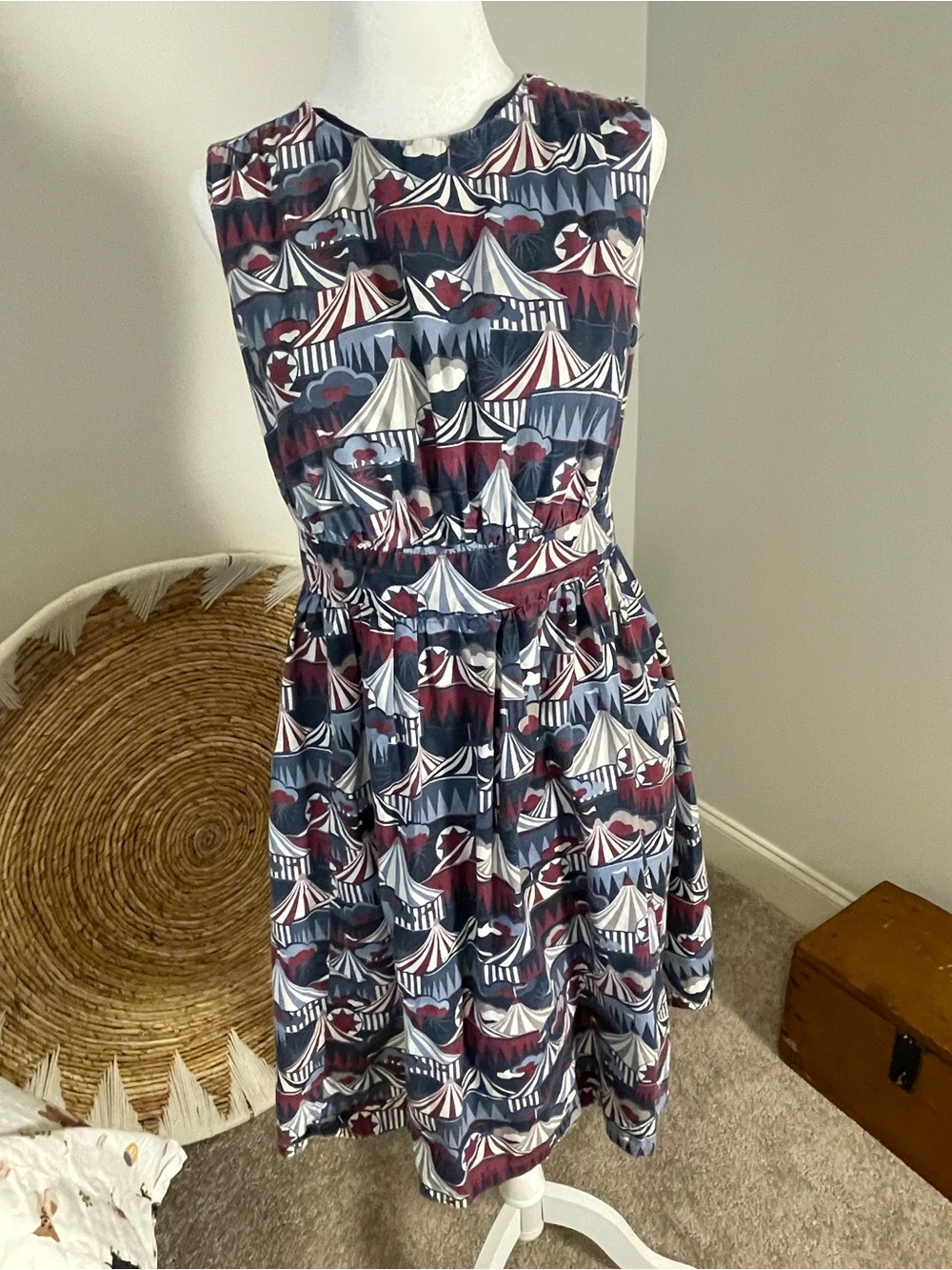 Sleeveless Circus Tent Print Fit & Flare Dress - Navy, Burgundy, White